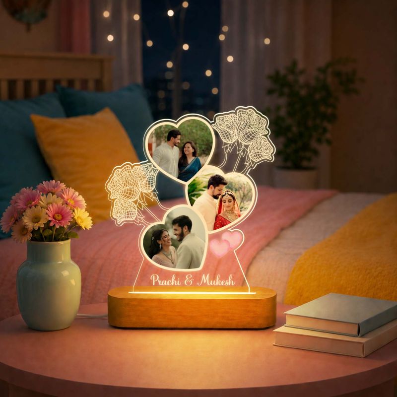 Personalized Couple Multi-Photo Acrylic LED Night Light Romantic Wedding Anniversary Memory Keepsake Gift for Boyfriend, Girlfriend, or Newlyweds, Valentine’s Day & Engagements